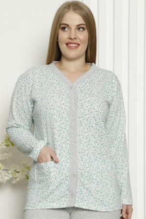 Pijama dama bumbac, batal-marime mare, buzunare laterale, inchidere nasturi, alb/verde [2]