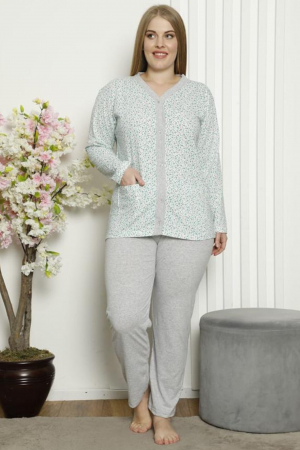 Pijama dama bumbac, batal-marime mare, buzunare laterale, inchidere nasturi, alb/verde [0]