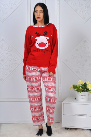 Pijamale - Pijama dama bumbac, confortabila, cu imprimeu Craciun cerb