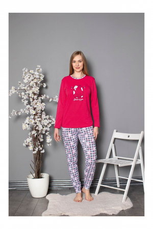 Pijamale dama bumbac - Pijama dama bumbac, confortabila, cu imprimeucool cat, vernil 807, embody.ro