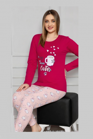 Pijama dama bumbac, confortabila, cu imprimeu Cute, Visiniu [3]