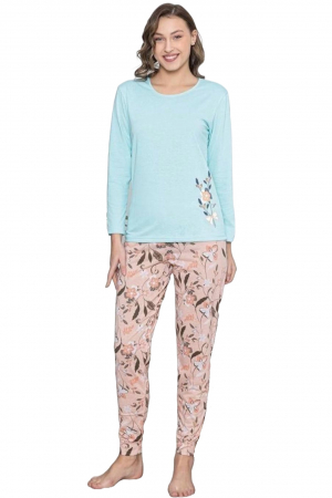 Pijama dama bumbac, confortabila, cu imprimeu floral, corai/albastru embody.ro [2]