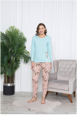 Pijamale dama bumbac - Pijama dama bumbac, confortabila, cu imprimeu floral, corai/albastru embody.ro