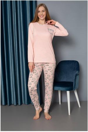 Pijamale dama bumbac - Pijama dama bumbac, confortabila, cu imprimeu hello bear, corai 818, embody.ro
