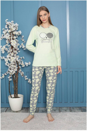 Pijamale dama bumbac - Pijama dama bumbac, confortabila, cu imprimeucool cat, vernil 807, embody.ro
