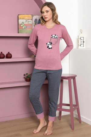 Pijama dama bumbac, maneci si pantaloni lungi, imprimeu ursuleti panda, roz, embody.ro [0]
