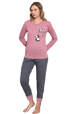 Pijama dama bumbac, maneci si pantaloni lungi, imprimeu ursuleti panda, roz, embody.ro [3]