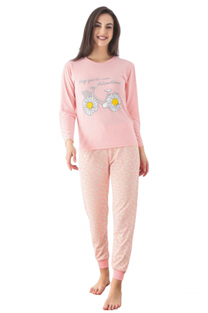 Pijama dama bumbac, confortabila, cu imprimeu bike flowers, corai, embody.ro [4]