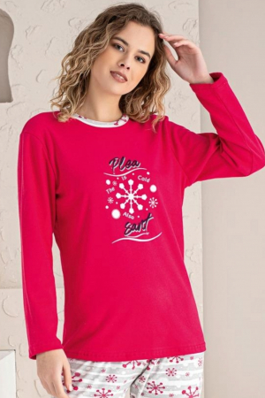Pijama dama bumbac, imprimeu Craciun fulg de nea, rosu, embody.ro [3]
