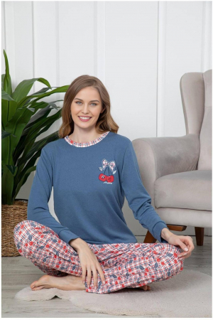 Pijamale familie - Pijama dama bumbac, imprimeu cherry, albastru 2056, embody.ro