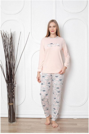 Pijamale familie - Pijama dama bumbac, imprimeu luna si stele, corai deschis 2050, embody.ro