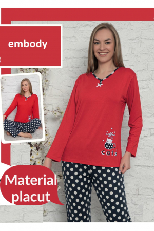 Pijama dama bumbac, imprimeu pisicuta Coffe, rosu [2]