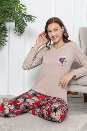 Pijama dama bumbac, imprimeu ursulet cu inimioare, bej, embody.ro [1]