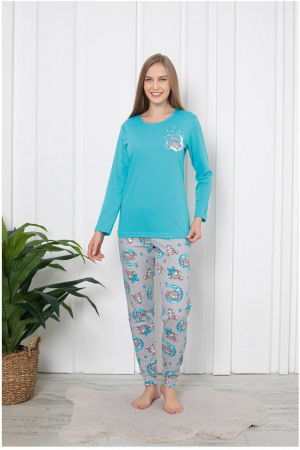 Pijamale familie - Pijama dama bumbac, imprimeu ursulet si luna, albastru 110, embody.ro