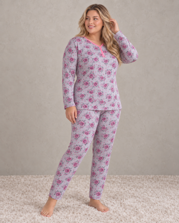 Pijamale dama bumbac - Pijama Dama Marime Mare din Bumbac, Bluza cu Maneca Lunga si Pantaloni Lungi, Gri cu Imprimeu Floral Roz
