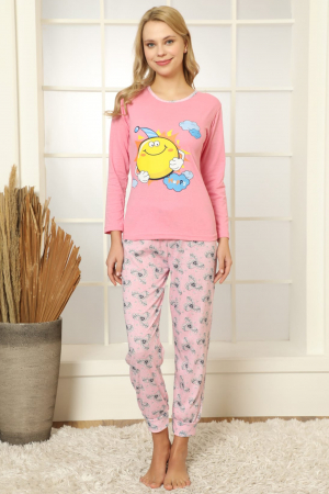 Pijama dama din bumbac, confortabila, maneci lungi, Happy roz [0]