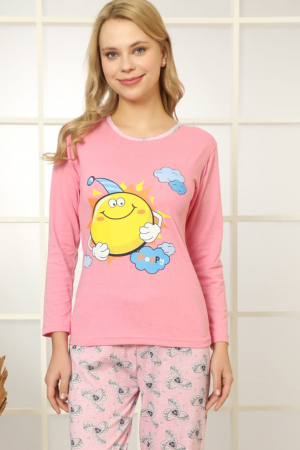 Pijama dama din bumbac, confortabila, maneci lungi, Happy roz [2]