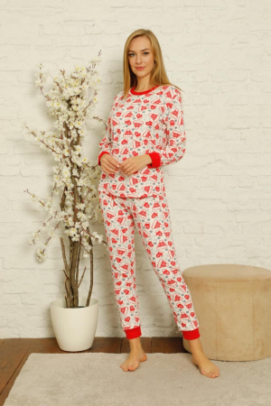 Pijama dama bumbac, motiv Craciun, confortabila rosu/alb [3]