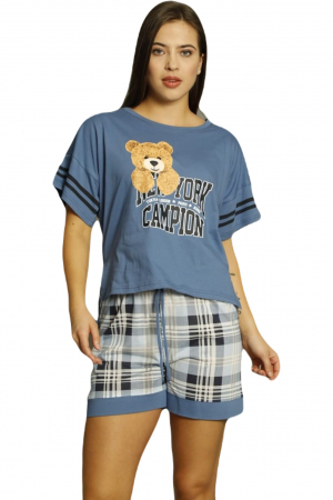 Pijama dama bumbac premium, cu maneci scurte si pantaloni scurti, Ursulet albastru [3]