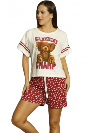 Pijama dama bumbac premium, cu maneci scurte si pantaloni scurti, Ursulet alb [3]