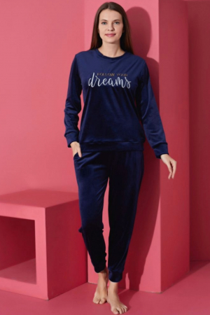 Pijama dama catifea, material moale si delicat, imprimeu Dreams, bleumarin embody.ro [0]