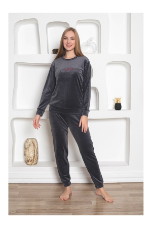 Pijama dama catifea, material moale si delicat, imprimeu uni, gri 86 [2]