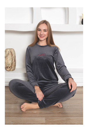 Pijama dama catifea, material moale si delicat, imprimeu uni, gri 86 [1]