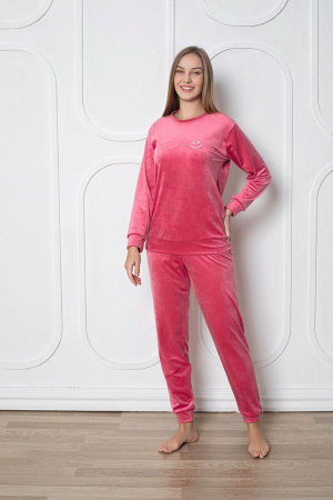 Pijama dama catifea, material moale si delicat, imprimeu uni, roz pudra, embody.ro [0]