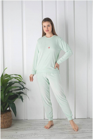 Pijamale dama bumbac - Pijama dama catifea, material moale si delicat, imprimeu uni, roz pudra, embody.ro