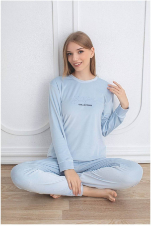 Pijamale dama bumbac - Pijama dama catifea, material moale si delicat, imprimeu uni, roz pudra, embody.ro