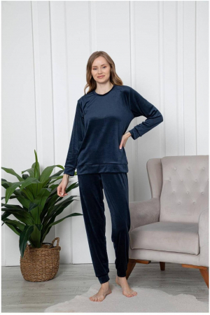 Pijamale dama bumbac - Pijama dama catifea, material moale si delicat, imprimeu uni, bleumarin, embody.ro