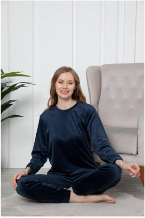 Pijama dama catifea, material moale si delicat, imprimeu uni, bleumarin, embody.ro [1]