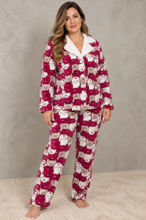Pijamale de craciun cuplu - Pijama Dama Cocolino Groasa si Pufoasa, Marimi Mari, Visiniu, Set 2 Piese