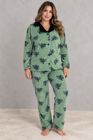 Pijamale de craciun cuplu - Pijama Dama Cocolino Groasa si Pufoasa, Marimi Mari, Verde, Set 2 Piese