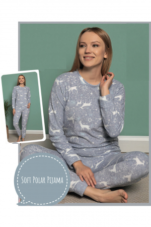 Pijama dama cocolino polar, pufoasa cu imprimeu Reni Craciun [0]