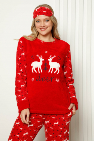Pijama dama cocolino, pufoasa cu imprimeu tematica Craciun-Reni rosu [3]