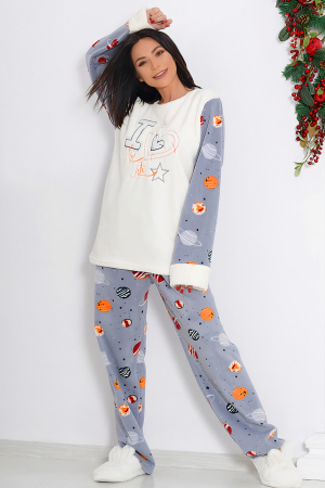 Pijama dama cocolino, pufoasa cu imprimeu Love star, Alb/Gri [0]