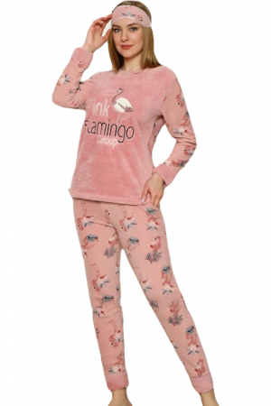 Pijama dama cocolino, pufoasa cu imprimeu Flamingo corai-cadou masca somn ochi [8]