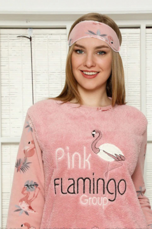Pijama dama cocolino, pufoasa cu imprimeu Flamingo corai-cadou masca somn ochi [4]