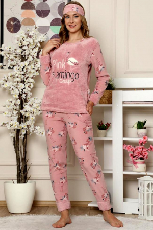 Pijama dama cocolino, pufoasa cu imprimeu Flamingo corai-cadou masca somn ochi [0]