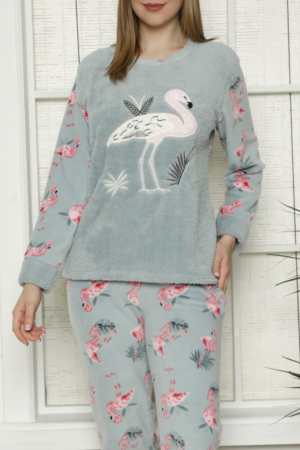 Pijama dama cocolino, pufoasa cu imprimeu Flamingo vernil [3]