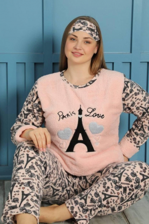 Pijama dama cocolino batal-marime mare, pufoasa cu imprimeu Love Paris, Corai [1]