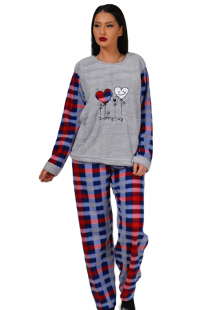 Pijama dama, cocolino pufoasa cu imprimeu Happy Day, Gri/Bleumarin [4]