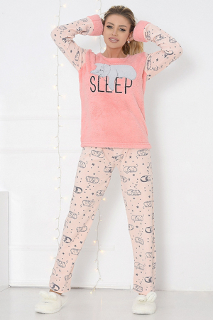 Pijama dama, cocolino pufoasa cu imprimeu Pisicuta Sleep, Corai/Roz [0]