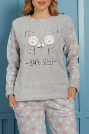 Pijama dama cocolino, pufoasa cu imprimeu Pisicuta back sleep gri [2]
