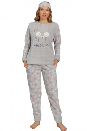 Pijama dama cocolino, pufoasa cu imprimeu Pisicuta back sleep gri [5]