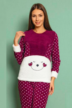 Pijama dama cocolino, pufoasa cu imprimeu happy smile, Visiniu [1]