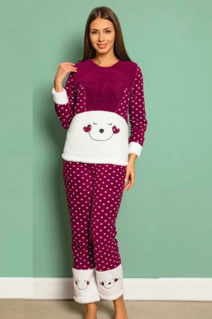 Pijama dama cocolino, pufoasa cu imprimeu happy smile, Visiniu [0]