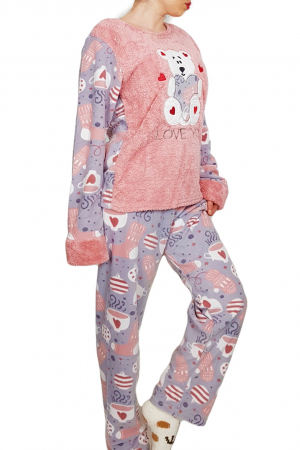 Pijama dama, cocolino pufoasa cu imprimeu Ursulet-Love, roz [3]