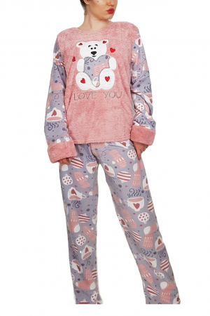 Pijama dama, cocolino pufoasa cu imprimeu Ursulet-Love, roz [2]